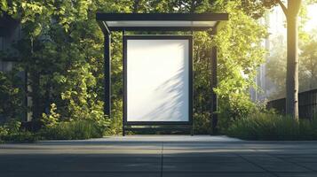Serenity in urban nature with a blank advertising space surrounded by lush greenery at dawn photo