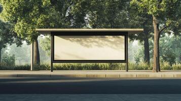 Bus stop shelter with empty advertisement board surrounded by trees during daylight photo