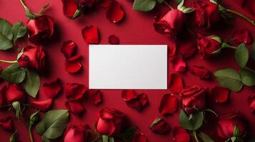 Red roses scattered on a vibrant surface with a blank card for messages or notes photo