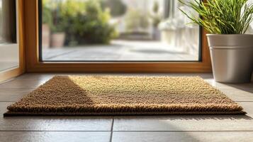 Light streams through window onto a soft doormat in a warm, inviting entryway of a modern home photo