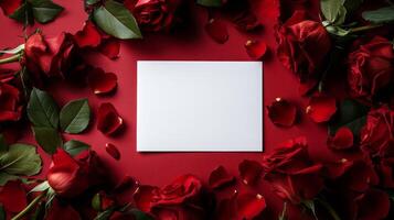 Romantic display of red roses and blank card on red background for love letter or special occasion photo