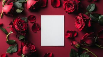 Romantic arrangement of red roses and blank card on deep red background for expressing love or friendship photo
