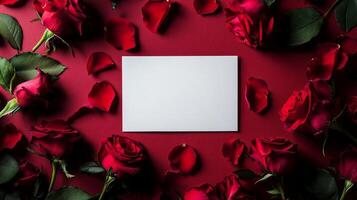 Roses surround a blank card on a rich red background, perfect for romantic messages or special occasions photo