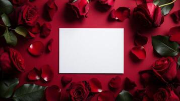 Romantic composition featuring red rose petals and a blank card for heartfelt messages on a vibrant background photo