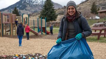 Park worker smiles while collecting trash with children playing nearby and mountains in the distance photo