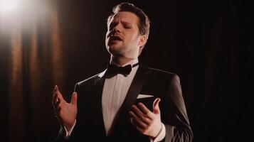 Powerful opera singer captivates audience with dramatic performance under spotlight photo