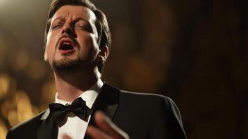 Passionate male opera singer captivates audience with powerful performance under spotlight photo