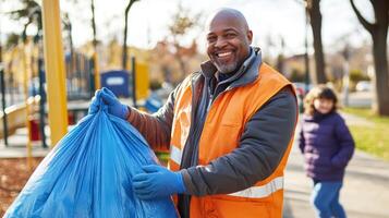 Park worker happily collects trash while children enjoy a sunny day on the playground photo
