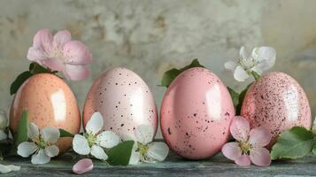 Pastel Easter eggs decorated with flowers and leaves in a serene spring setting photo