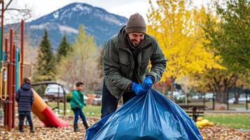 Park worker collects trash while children play on the playground with mountains in the background during a sunny day photo