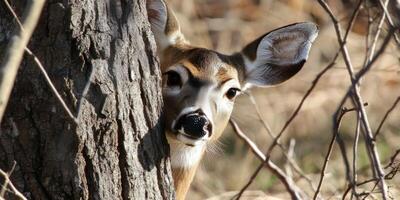 Deer peeking over a tree trunk in a serene forest setting during daylight hours photo