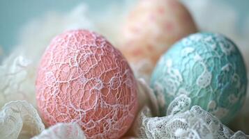Delicate pastel Easter eggs adorned with lace and fabric textures for festive decor in soft hues photo
