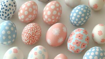 Elegant pastel Easter eggs with stenciled patterns in soft hues of pink and blue arranged on a light background photo