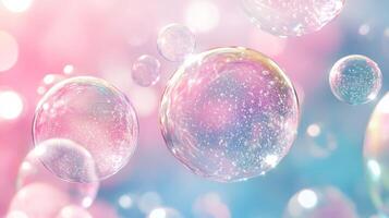 Bubbles floating through a pastel pink and blue background creating a dreamy atmosphere of tranquility and joy photo