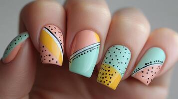 Trendy pastel nail art design featuring playful patterns in peach, mint green, and yellow colors photo