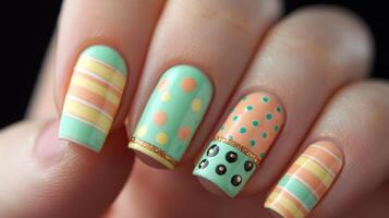 Pastel nail art design features trendy polka dots, stripes, and geometric patterns in soft hues ideal for spring occasions photo