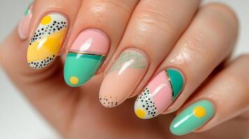 Trendy pastel nail art design featuring polka dots, stripes, and geometric patterns in soft colors photo