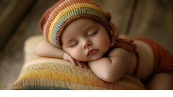 Newborn baby girl sleeps peacefully on a soft pillow wearing a colorful rainbow hat in a cozy, serene setting photo