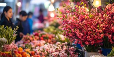 Peach and cherry blossoms adorn vibrant flower market during Tet holiday in Vietnam photo
