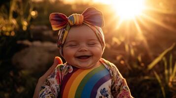 Newborn baby girl sleeping peacefully in a rainbow hat, lovingly cradled in a serene outdoor setting during golden hour photo