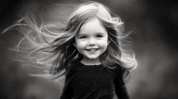 Joyful child plays outdoors with long hair flowing in the wind during a sunny afternoon photo