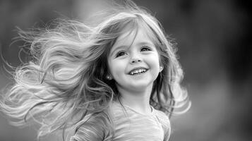 Young girl joyfully playing outdoors with flowing hair in a blurred green background photo