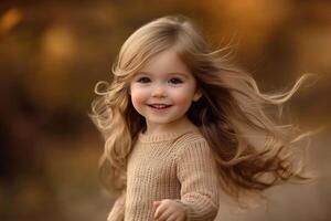 Joyful girl with flowing hair enjoys a sunny autumn day in a warm knitted sweater in a natural outdoor setting photo