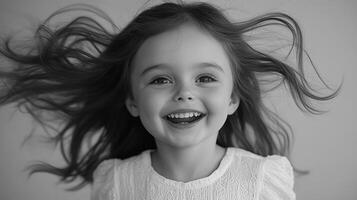 Joyful young girl with flowing hair laughing against a simple background photo