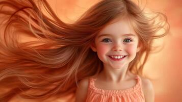 Young girl with long flowing hair smiling brightly in a warm setting during daylight hours photo