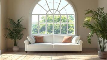 Cozy living room with large window and natural light highlighting the plants and sofa photo