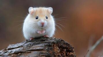 Cute small hamster sitting on a log with soft features in a natural setting during autumn afternoon photo