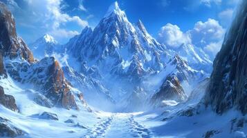 Snow-covered mountain landscape with a clear blue sky and dramatic peaks during daylight hours photo