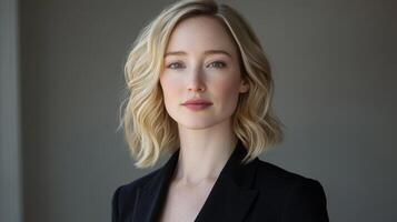 Young woman with wavy blonde hair in professional attire poses against a neutral background in an indoor setting during daylight photo