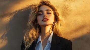 Young woman in stylish black blazer poses against textured wall during golden hour light photo