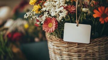 Colorful flowers in a woven basket with a blank tag for personalization on a sunny day photo