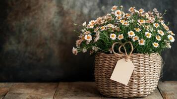 Beautiful daisy bouquet in a woven basket on a rustic wooden table with a textured background photo