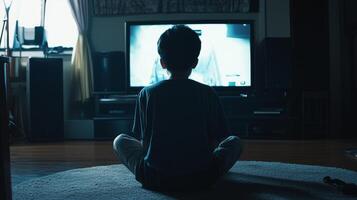 Child enjoying an evening of entertainment while sitting in front of a television in a dimly lit living room photo