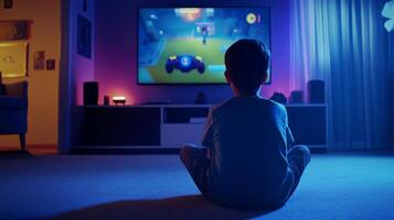 Child enjoys gaming during a cozy evening at home with colorful lights and a large screen photo