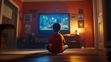 Child playing game in dimly lit living room during evening hours with focused expression photo