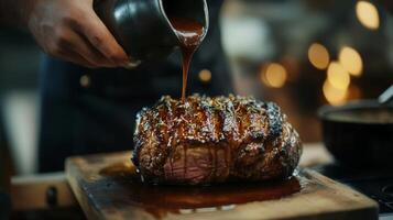 Juicy roast beef being glazed with savory sauce in a cozy kitchen setting during evening hours photo