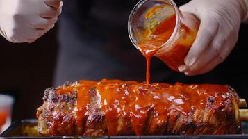 BBQ ribs being glazed with tangy sauce in a dark kitchen setting during a summer cookout preparation photo