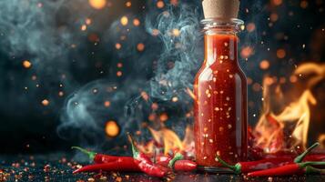Spicy chili sauce with fresh peppers surrounded by flames and smoke in a dark setting photo
