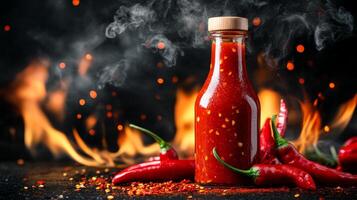 Spicy hot sauce bottle surrounded by fresh red chilis on dark background with flames photo