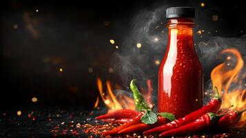 Spicy chili sauce bottle surrounded by vibrant peppers and smoke on a dark background photo
