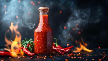 Vibrant chili sauce bottle surrounded by fresh peppers and spices amidst a smoky atmosphere in a dark setting photo