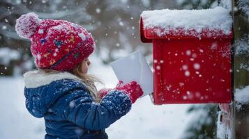 Child joyfully placing letter in red mailbox during snowy winter afternoon at a cozy neighborhood photo