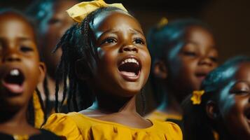 Children perform together joyfully on stage during a vibrant community event in the evening light photo