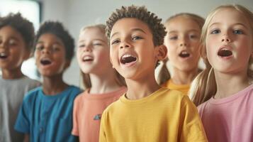 Children enthusiastically singing together during a music class session in a bright, modern classroom environment photo