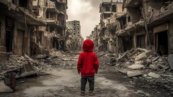 Child in a red hoodie stands alone in a war-torn cityscape with destroyed buildings and debris photo