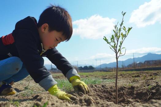 Child plants a young tree in a sunny field surrounded by mountains during a community gardening activity in spring photo
